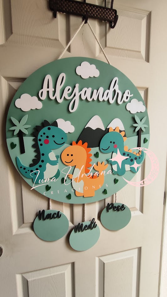Cuadro de Bienvenida para Bebé Personalizado Dinosaurios